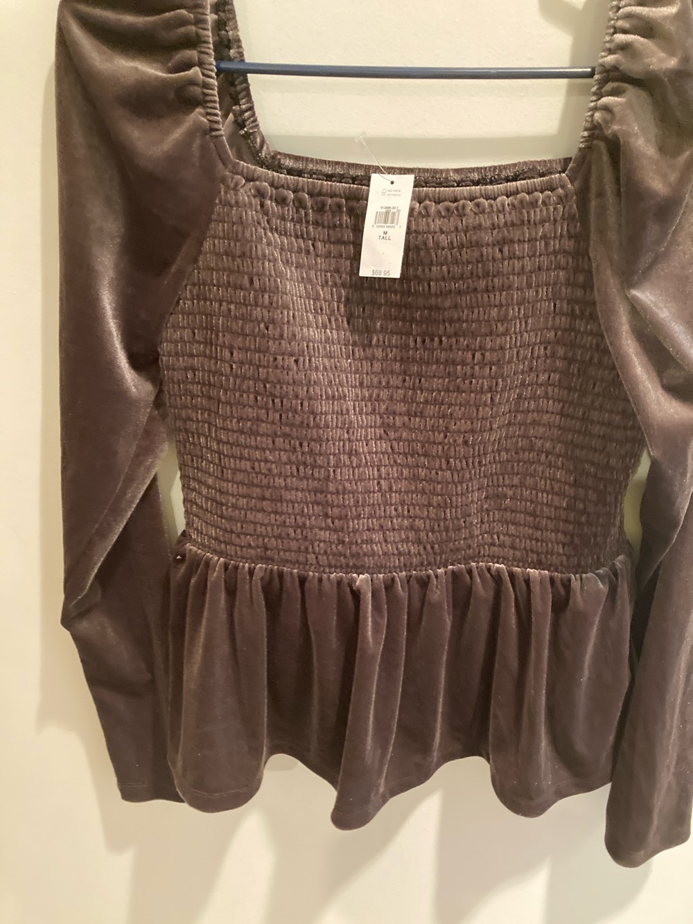 Velvet Smocked Peplum Top in Taupe NWT medium